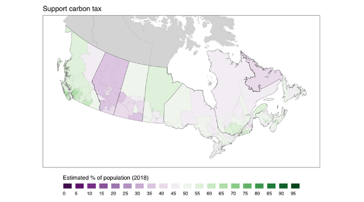 This map shows the estimated percentage of adults in each of Canada's ridings who support a carbon tax.