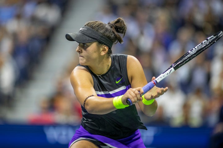 Bianca Andreescu in action against Belinda Bencic of Switzerland in the U.S. Open women's singles semi-finals match on Arthur Ashe Stadium.