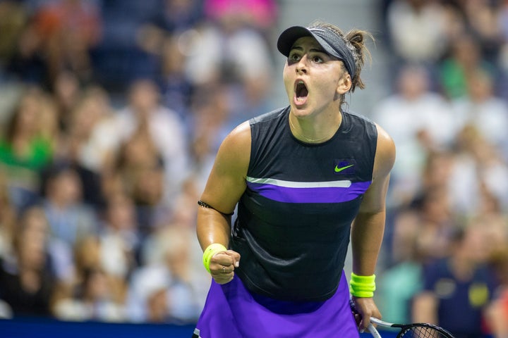 Bianca Andreescu of Canada reacts to winning the second set against Elise Mertens of Belgium in the Women's singles quarter-finals match.