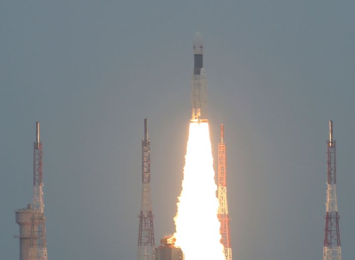 India's Geosynchronous Satellite Launch Vehicle Mk III-M1 blasts off carrying Chandrayaan-2, from the Satish Dhawan Space Centre at Sriharikota.