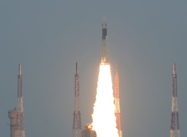 India's Geosynchronous Satellite Launch Vehicle Mk III-M1 blasts off carrying Chandrayaan-2, from the...