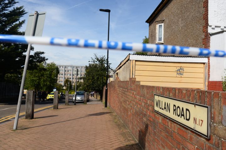 A police cordon in place in Willan Road on the Broadwater Farm Estate in Tottenham, London, where a boy was rushed to hospital after being found with stab wounds.