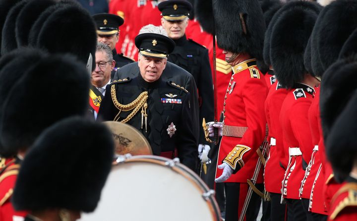 The Duke of York, in his role as colonel of the Grenadier Guards, inspects troops in Bruges to mark the 75th Anniversary of the liberation of the Belgian town.