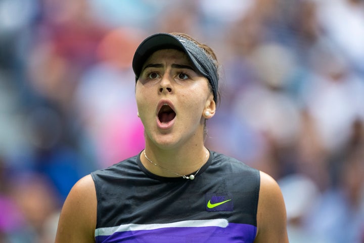 Bianca Andreescu reacts after winning her match against Serena Williams during the US Open on Sept. 7, 2019.