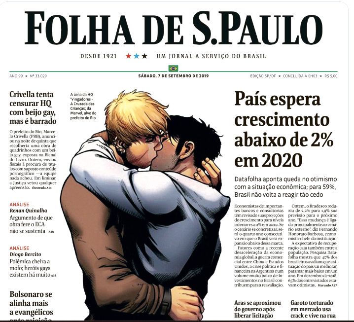 Marvel's gay kiss is featured on cover of Folha de Sao Paulo Saturday.