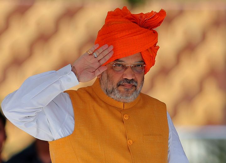 Indian Home Minister Amit Shah salutes during the graduation ceremony parade of Indian Police Service probationers at Sardar Vallabhbhai Patel National police academy in Hyderabad, India, Saturday, Aug. 24, 2019. (AP Photo/Mahesh Kumar A.)