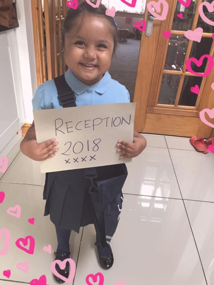A family photo of Tafida on her first say of school in September 2018 