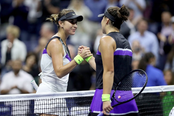 Bianca Andreescu shakes hands with Swiss player Belinda Bencic during the semi-final match on Thursday.