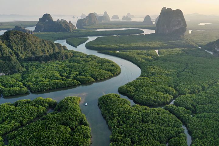 Aerial view of Phang nga bay in sunset. You can see mountain and rainforest, Thailand