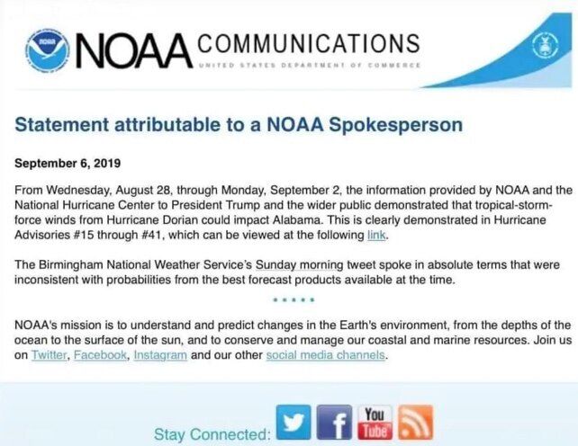 In an unattributed statement released by the NOAA Friday, the agency seemed to corroborate the president's incorrect claims about Hurricane Dorian and the risks it posed to the state of Alabama.