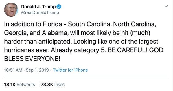 In a Sept. 1 tweet, Donald Trump falsely claimed Alabama could expect to be hit hard by Hurricane Dorian.