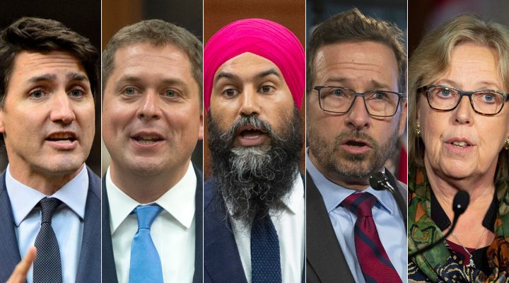 From left to right: Justin Trudeau, Andrew Scheer, Jagmeet Singh, Yves-François Blanchet and Elizabeth May confirmed they will be participating in the English and French debates at the Canadian Museum of History in Gatineau, Que.