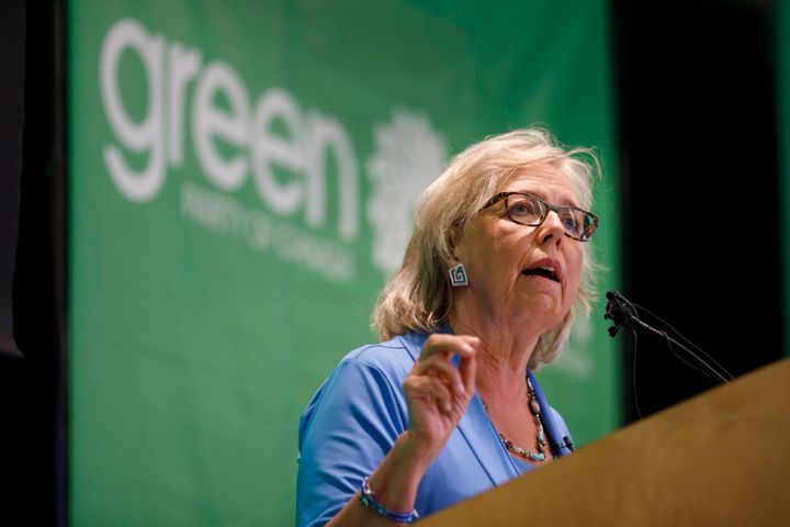 Elizabeth May speaks in Toronto prior to a fireside chat about the climate on Sept. 3, 2019. 