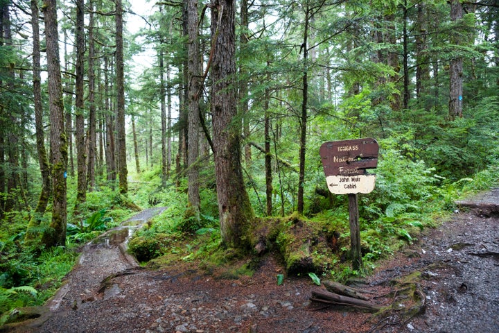 Signage to John Muir's cabin in Alaska's Tongass National Forest.