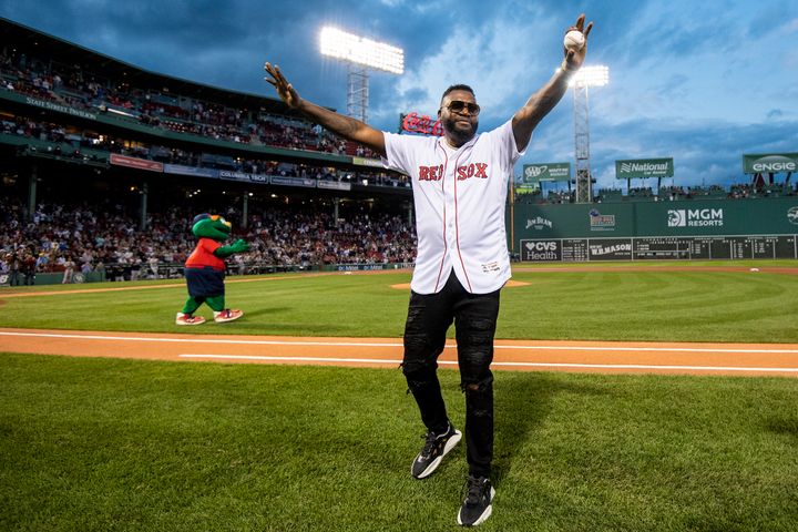 Former designated hitter David Ortiz of the Boston Red Sox is introduced before throwing out a ceremonial first pitch as he r