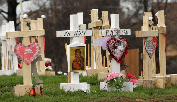 In this Thursday, Feb. 7, 2019, photo, the names of those who died in the Camp Fire are displayed on crosses that make up a memorial in Paradise, Calif. The memorial is a reminder of those who perished in the Nov. 8, 2018, blaze that destroyed nearly 15,000 homes in the city of 27,000 residents and surrounding hamlets.