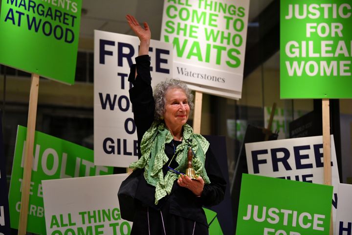 Author Margaret Atwood waves as she reads an extract during the launch of her new novel The Testaments at a book store in London on September 9.
