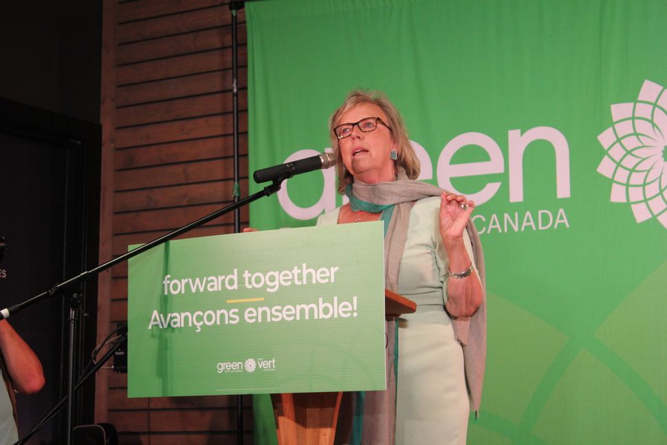 Elizabeth May speaks during a rally in Victoria on Sept. 9. 