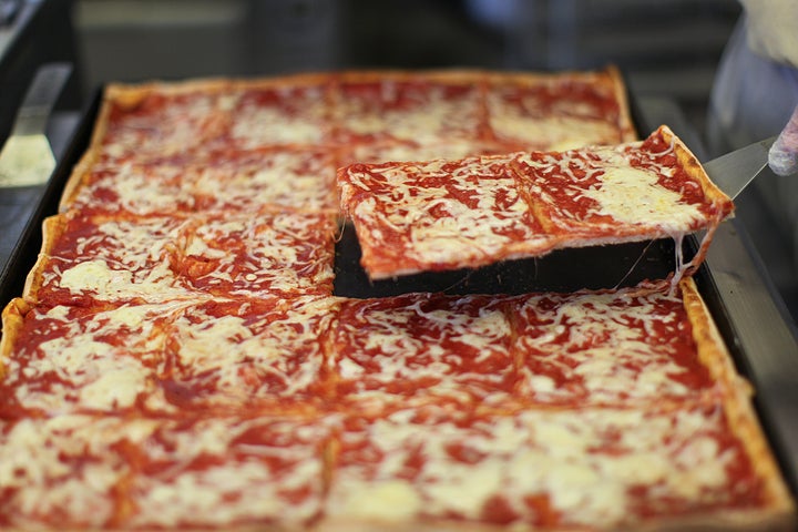 The famous square cheese beach pizza at Tripoli Bakery in Lawrence, Massachusetts.