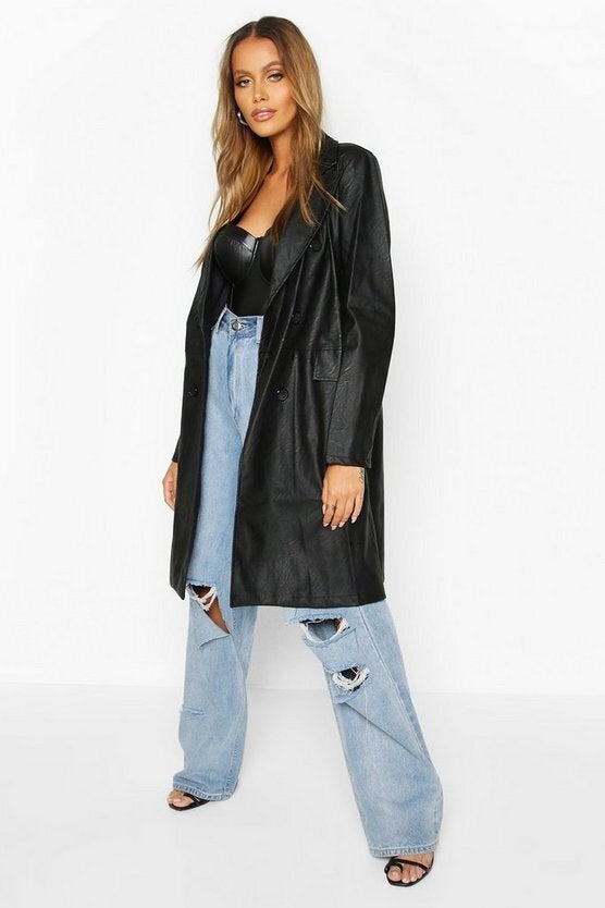 Long faux sales leather jacket