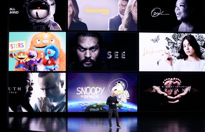 Apple CEO Tim Cook speaks about the new shows on Apple TV at the Steve Jobs Theater during an event to announce new products Tuesday, Sept. 10, 2019, in Cupertino, Calif.