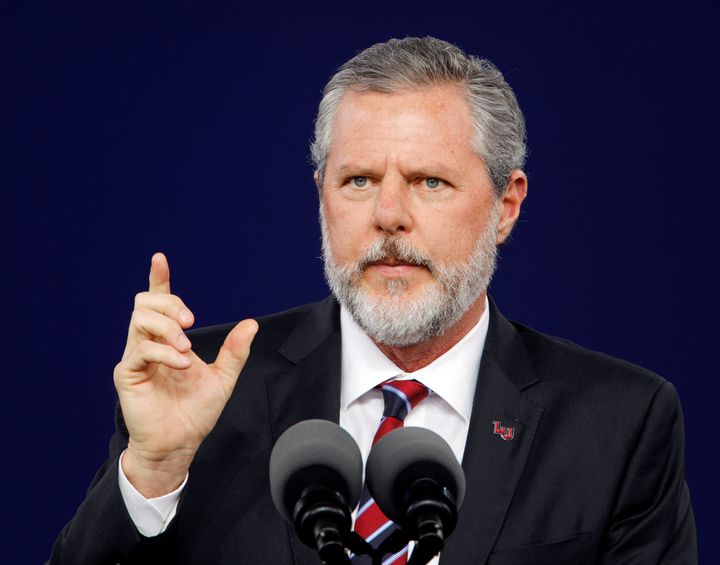 Liberty University President Jerry Falwell Jr. speaks during the school's commencement ceremonies in Lynchburg, Virginia, U.S., May 11, 2019. REUTERS/Jonathan Drake