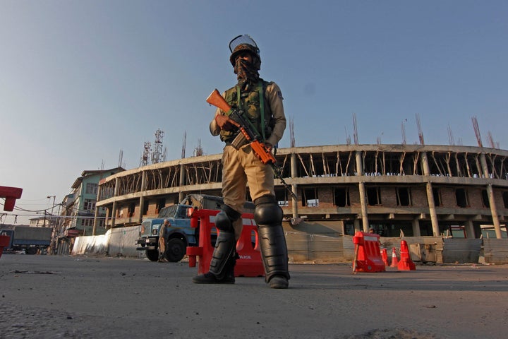 Paramilitary soldiers keep guard in Srinagar, Kashmir on September 08, 2019.