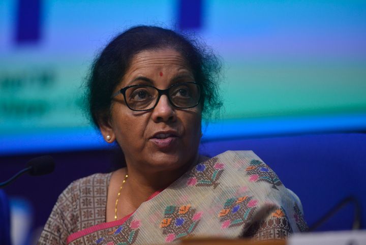Nirmala Sitharaman clicked while interacting with media at a press conference in New Delhi. 