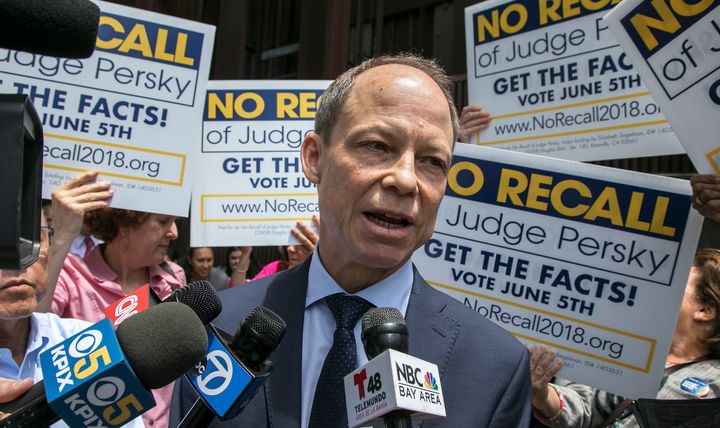 Judge Aaron Persky talks to the media at the No Recall campaign rally in front of the Santa Clara County Government Center in San Jose, California, on Wednesday, May 30, 2018.