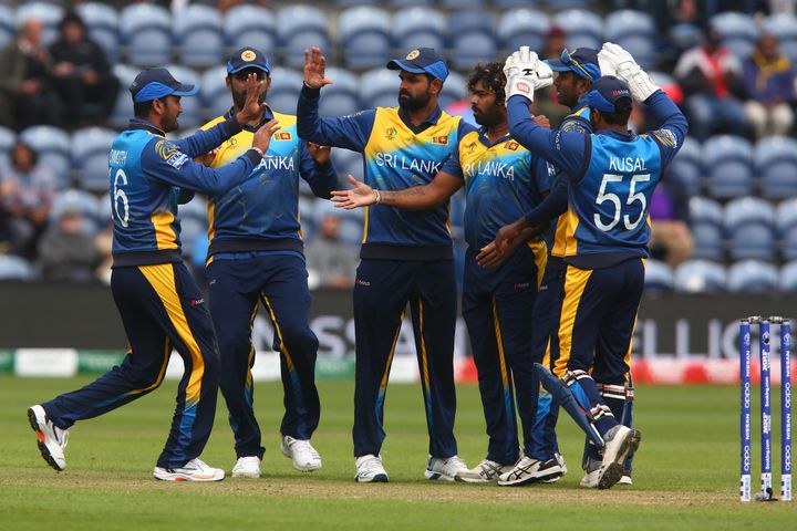 Sri Lanka's Lasith Malinga, captain Dimuth Karunaratne and teammates during the 2019 Cricket World Cup.