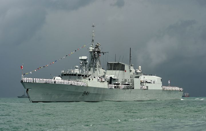HMCS Ottawa is seen here in a strait near Singapore on May 15, 2017. The federal government says the warship sailed through the Taiwan Strait this week.