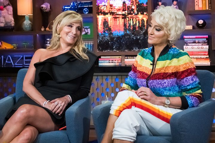 Sonja Morgan and Dorinda Medley during an appearance on "Watch What Happens with Andy Cohen." The "Real Housewives" co-stars were overheard making transphobic comments about a model at a New York Fashion Week show.