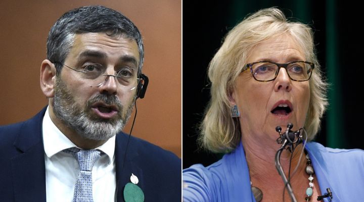 Green leader Elizabeth May says her candidate Pierre Nantel, left, is not a Quebec separatist.