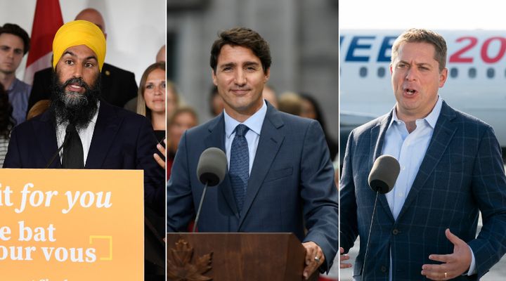 Federal NDP Leader Jagmeet Singh, Liberal Leader Justin Trudeau, and Conservative Leader Andrew Scheer speak to media on Sept. 11, 2019.