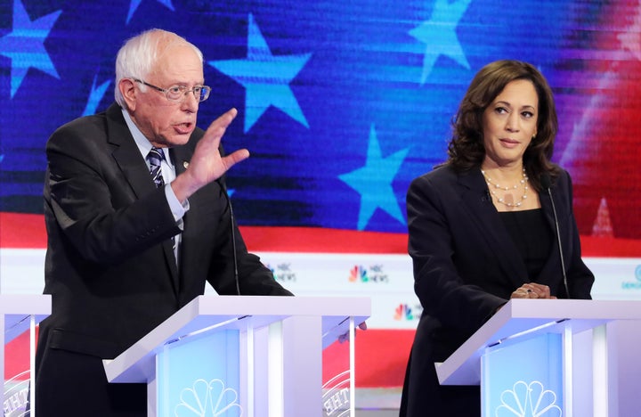 Democratic presidential candidates Sen. Bernie Sanders and Sen. Kamala Harris take part in the second night of the first Democratic presidential debate in June in Miami, Florida.