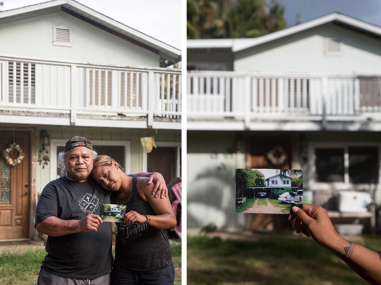 Left: Steven Oiph poses for a portrait with his youngest daughter, Kaʻiulani Manuwai, in the yard of their Kailua home. Right: Kaʻiulani Manuwai holds up an old photograph of what their home looked like prior to renovation.