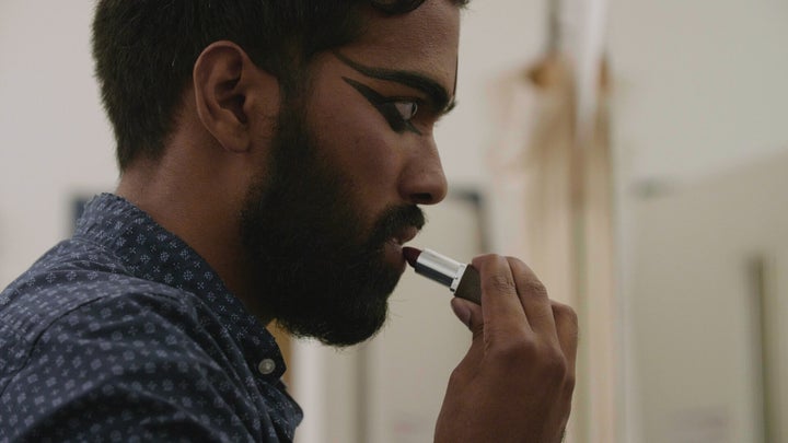 Male Bharatanatyam dancers use makeup during performances to emphasize their facial expressions. 