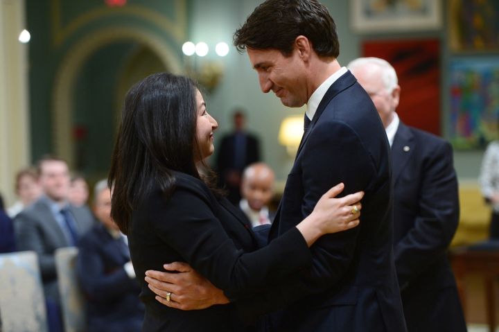 Maryam Monsef talks with Prime Minister Justin Trudeau after being sworn in as Minister of Status of Women during a ceremony at Rideau Hall in Ottawa on Jan 10, 2017.
