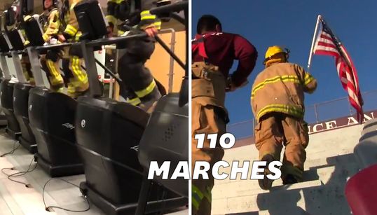 Ces pompiers montent des marches en hommage à leurs collègues morts le 11