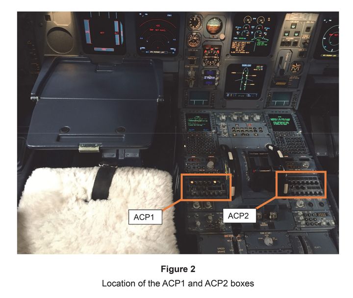 A photo issued by the AAIB of the console from the cockpit of a Airbus A330 showing the Audio Control Panels which were damaged when a pilot spilled coffee