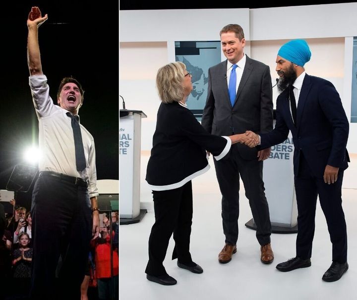 A composite image showing Justin Trudeau at a rally on the left. On the right, Elizabeth May, Andrew Scheer and Jagmeet Singh shake hands before the first leaders debate. 