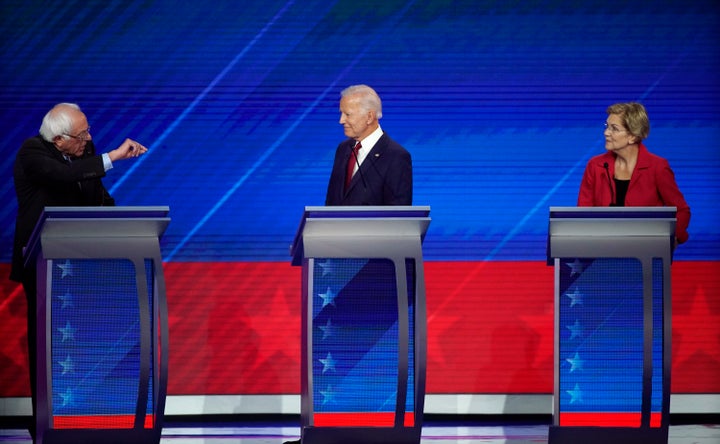 Sen. Bernie Sanders (I-Vt.), former Vice President Joe Biden and Sen. Elizabeth Warren (D-Mass.) at the presidential primary debate hosted by ABC at Texas Southern University in Houston.