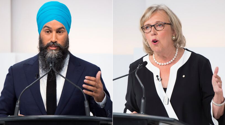 NDP Leader Jagmeet Singh and Green Party Leader Elizabeth May are shown at the Maclean's/Citytv National Leaders Debate in Toronto on Sept. 12, 2019.