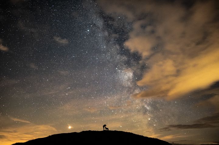 Ben, Floyd & the Core, by Ben Bush.The image depicts the photographer and his dog, Floyd, surrounded by Mars, Saturn and the galactic core of the Milky Way galaxy. As his constant companions, the photographer often tries (and fails) to capture his dogs at night. With this shot the shutter speed was reduced to 10 seconds to allow to keep Floyd still – the photographer whispered ‘don't move, don't move, don't move’ to Floyd for the whole 10 seconds. 