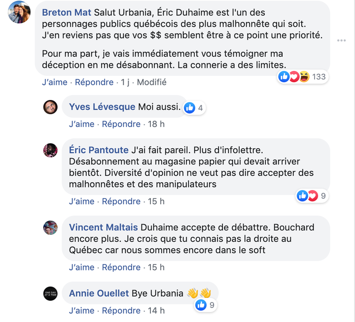 Voici une capture d'écran qui illustre quelques-unes des réactions à cette nouvelle collaboration à <em>Urbania</em>.