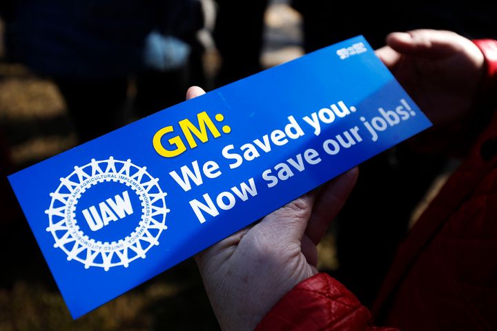 United Auto Workers members hold a prayer vigil at the General Motors Warren Transmission Operations Plant on Feb. 22, 2019, in Warren, Michigan. Almost 300 people were laid off at the plant as a result of GM's decision to idle the facility. 