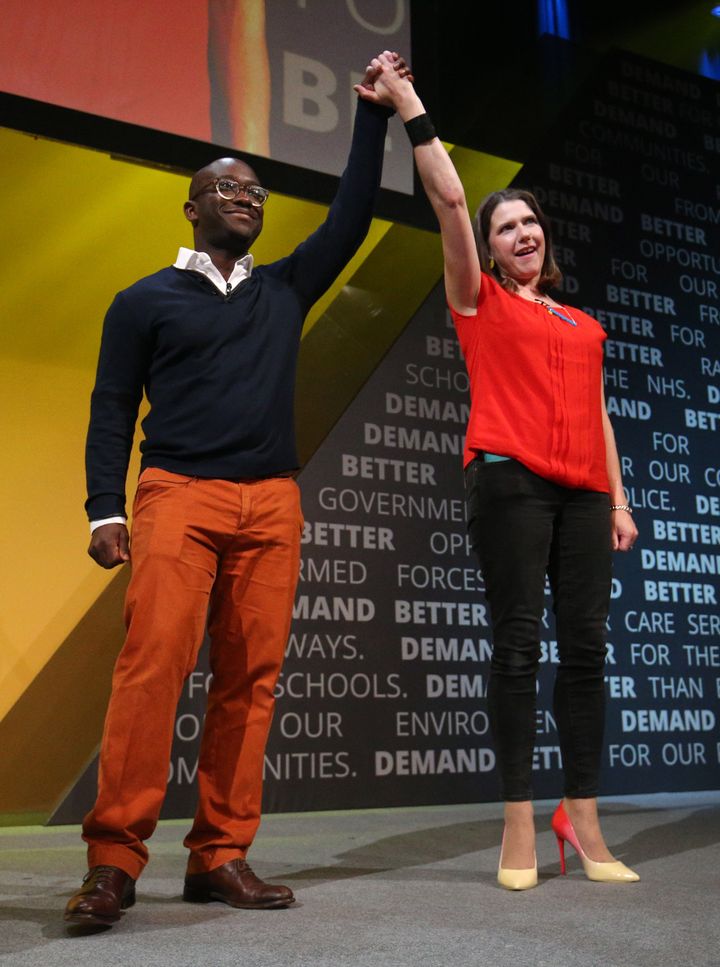 Former Tory minister Sam Gyimah, who has defected to the Liberal Democrats, with leader Jo Swinson during the Liberal Democrats autumn conference at the Bournemouth International Centre in Bournemouth.