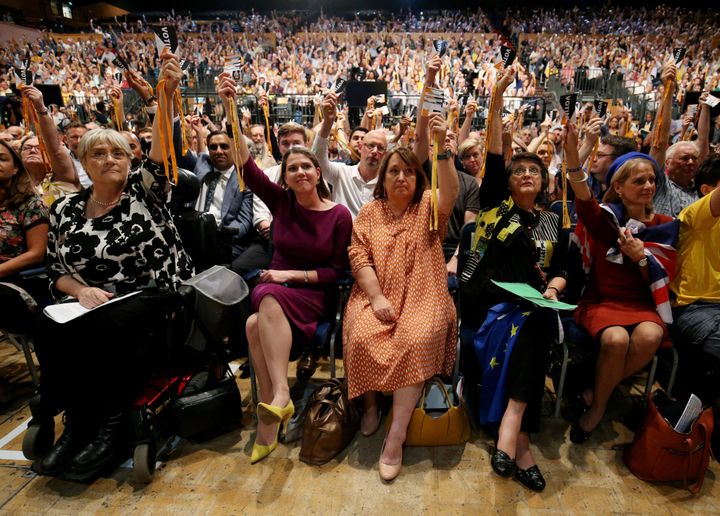 Attendees including leader Jo Swinson (centre left) vote to pass a motion to agree to revoke Article 50 if her party wins a majority at the next election, during the Liberal Democrats autumn conference at the Bournemouth International Centre in Bournemouth.