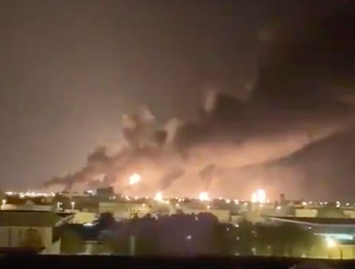 Smoke fills the sky at the Abqaiq oil processing facility on Saturday, Sept. 14, 2019 in Saudi Arabia. Drones claimed by Yemen's Houthi rebels attacked the world's largest oil processing facility in Saudi Arabia and a major oilfield operated by Saudi Aramco early Saturday, sparking a huge fire at a processor crucial to global energy supplies. (Validated UGC via AP)