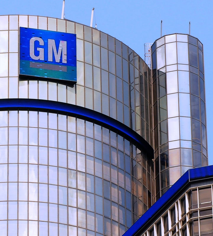 The General Motors world headquarters office is seen at Detroit's Renaissance Center. More than 800 UAW workers went on strike at five GM facilities on Sunday.